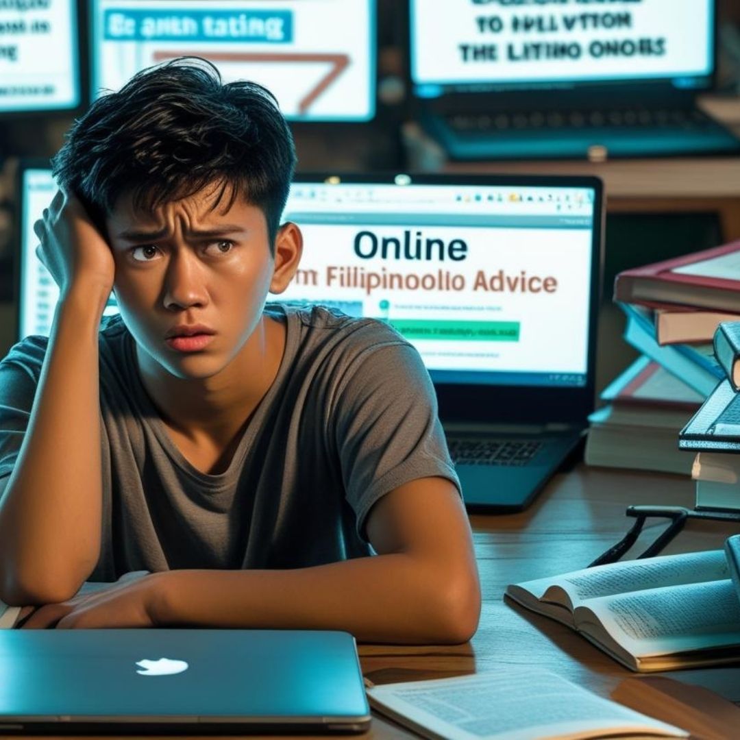 A realistic photograph of a young Filipino male student, seated at a desk cluttered with laptops and textbooks, looking overwhelmed amidst a chaotic array of conflicting online advice displayed on multiple screens. The scene is brightly lit, emphasizing the stress on his face. He is wearing casual clothing, perhaps a simple t-shirt and jeans. The overall color palette is natural and slightly muted, focusing on warm tones. The framing is close-up, focusing on his expression and immediate surroundings.