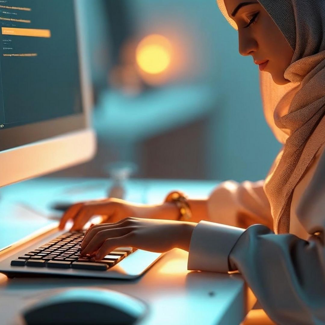 A close-up shot of the back of an Arab woman sitting at a computer, her hands typing diligently. She is focused on her screen, a subtle expression of quiet determination on her face. The scene is lit with the warm glow of a computer screen, highlighting her focused posture. The image is rendered in a photorealistic style, emphasizing the details of her clothing and the workspace around her. make it realistic